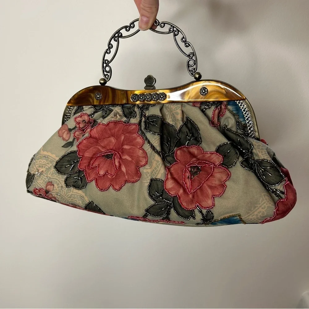 Vintage Floral Beaded Frame Purse Clutch Pink Green Brown
